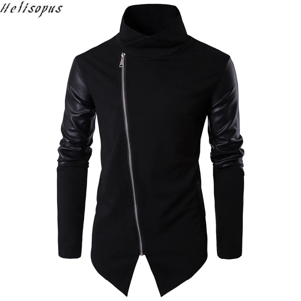 

Helisopus Fashion Black Leather Patchwork Turtleneck Jackets Overcoat Men Spring Autumn Punk Motor Coat Men Slim Plus EUR Size