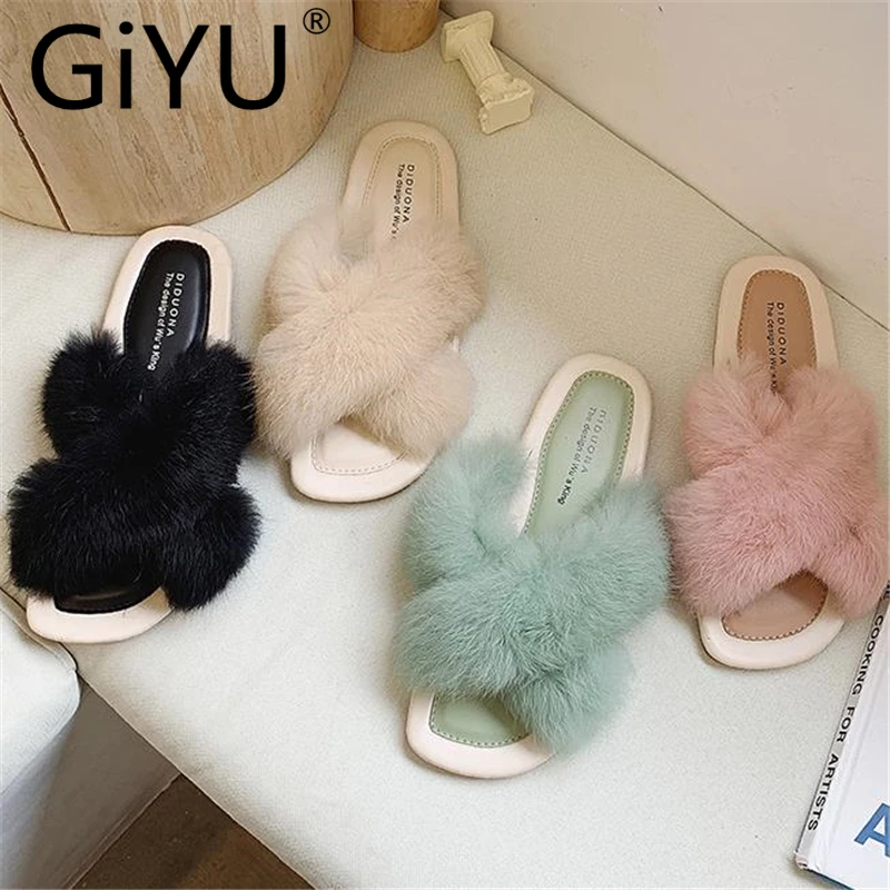 

Slippers Women Slides Home Furry Flat Sandals Female Cute Fluffy House Shoes Woman Brand Luxury 2019 autumn Sandalias mujer 39