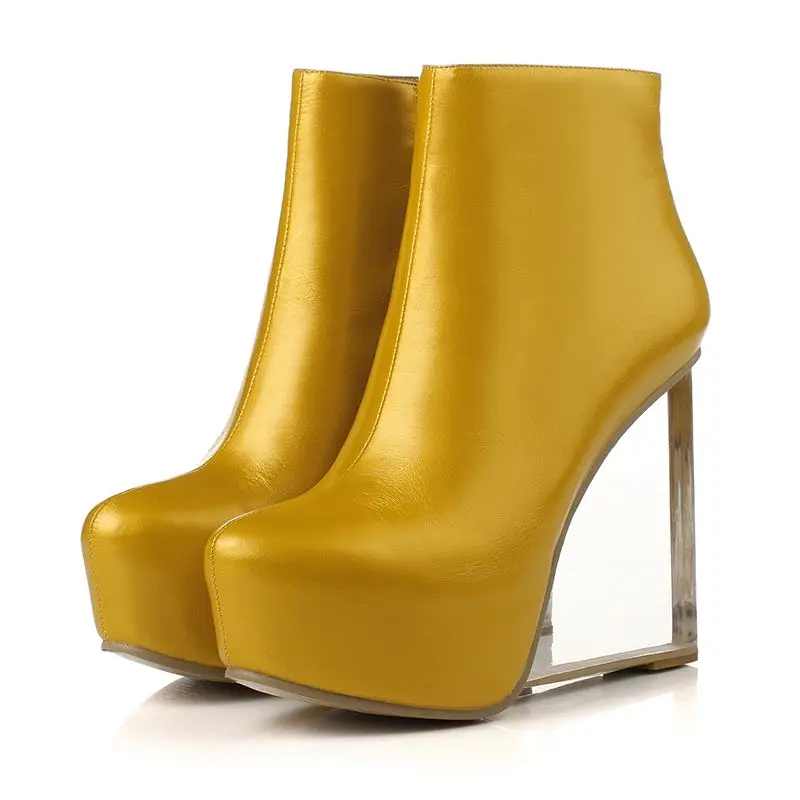 EGONERY/элегантные женские ботинки из натуральной кожи; ботильоны на очень высоком каблуке; сезон весна-зима; пикантные вечерние женские туфли на танкетке на молнии - Цвет: lemon yellow