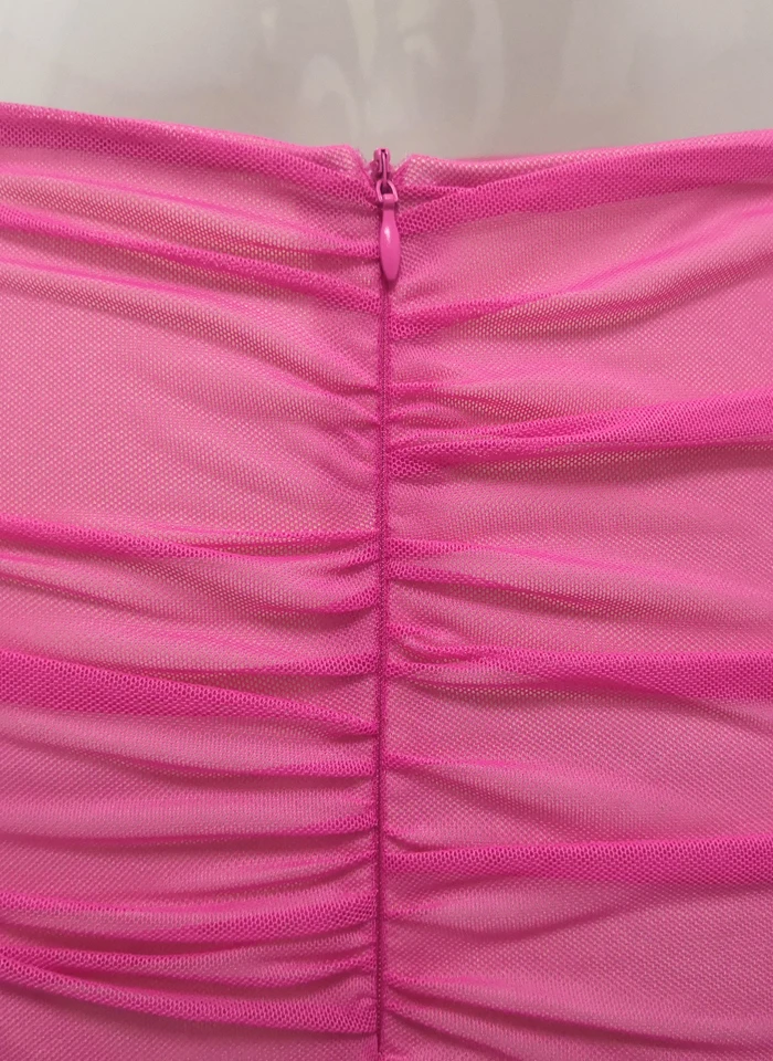 JillPeri ярко-розовый стрейч сетка короткий топ и юбка Женский комплект 2 шт. Сексуальная Клубная одежда с рюшами повседневный наряд элегантные вечерние комплект из 2 предметов