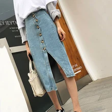 Средней длины юбки джинсовые с разрезом женские с высокой талией спереди юбки с пряжками неправильный светильник синий белый Повседневная Уличная одежда OL леди