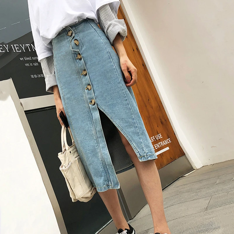 

2019 Medium Long Split Denim Skirt Women High Waist Front Buckle Skirts Irregular Light Blue White Casual Streetwear OL Lady