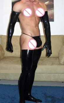 Sexy Male Sissy Fetish Costume Set Wet Look Shiny Long Gloves, Thigh High Stockings and G-String Set Night Club Wear Outfit