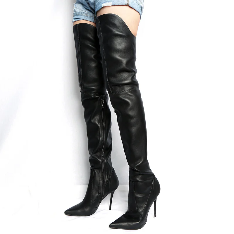 

New Arrival Black Leather Extreme Long Booties Women Celebrity Shoes Over The Knee Boots Sexy Stiletto Heels High Boots Woman
