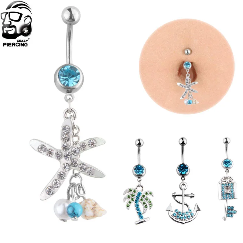 1pc Steel Blue Conch Coconut Tree Lock Style Navel Piercing Belly