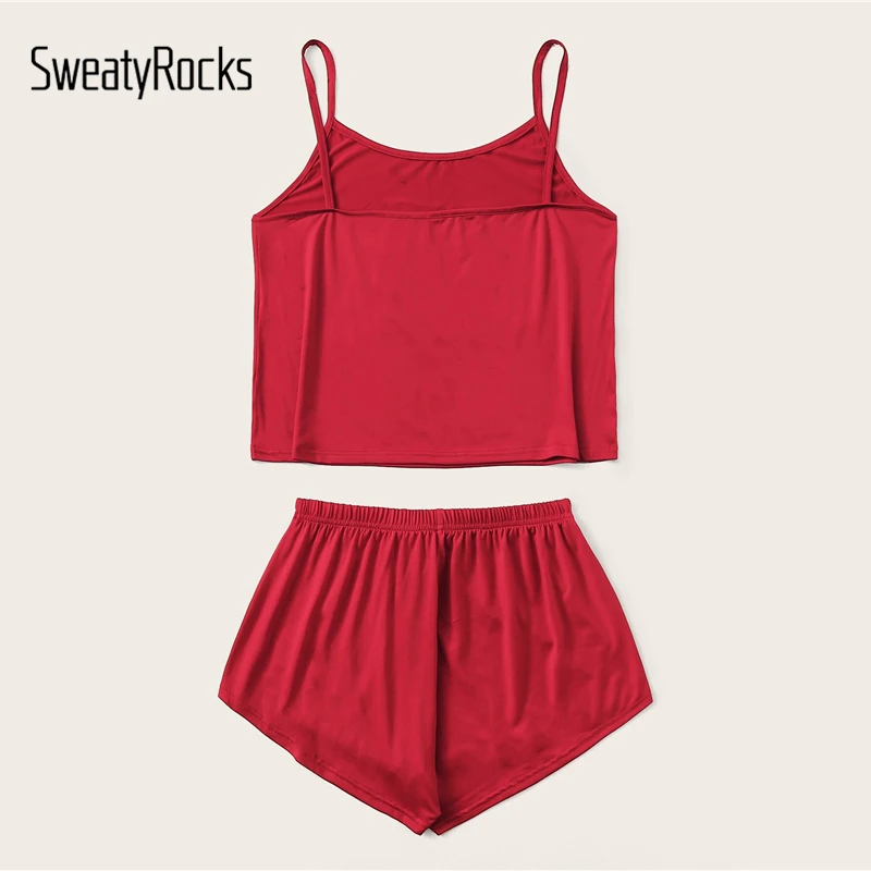 SweatyRocks Bright Red Letter Print Cami Pajama Set Kawaii Sleeveless Pajamas For Women Short Sets Summer Casual Pajama Sets