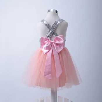 

2017 Sleeveless Sliver Sequied Dress for 2-7yrs Kids Girls Golden Summer Backless Dresses Children Wedding Dress with bows 0324