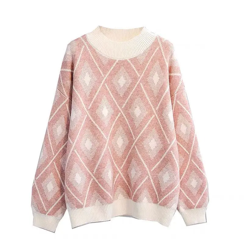 

H.SA Sweater Pullovers Women Basic Harajuku Geometric Pull Jumpers Long Sleeve Loose Knitwear Korean Pink Winter Sweaters 2019