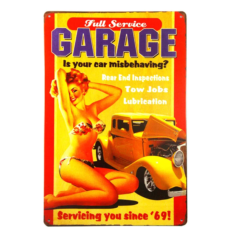 

Vintage Metal Tin Signs " Full Service Garage " Hot Rod Pin-up Girl Hanging Poster Garage Wall Decor