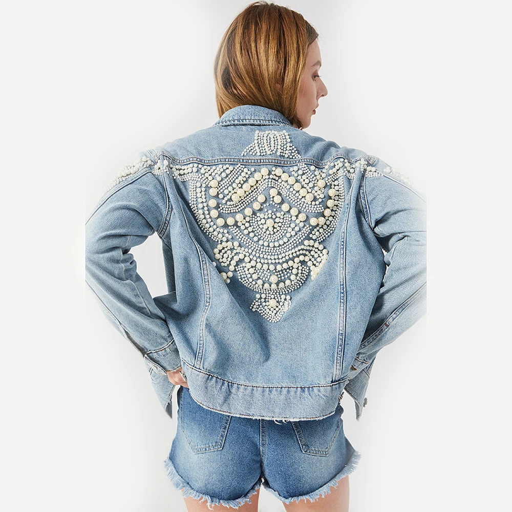 

KHALEE YOSE Embroidery Denim Jacket Beading Pattern Jean Jacket Long Sleeve Oversized Pocket Demin Punk Jackets Women Outerwear