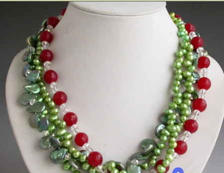 

ddh001460 4row green rice coin pearl red jade faceted crystal NECKLACE