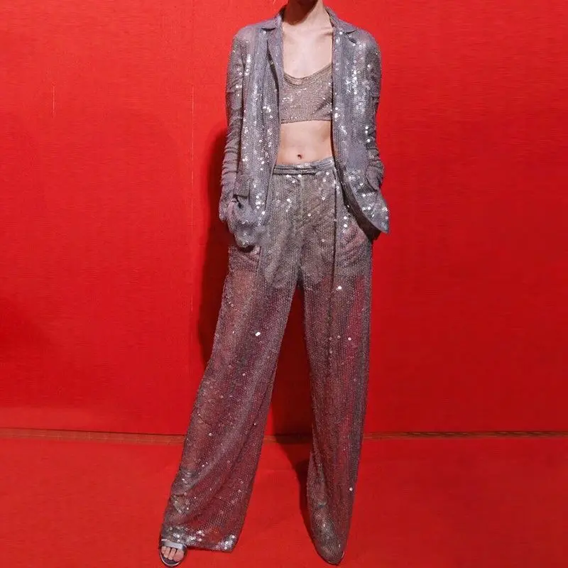 

Women's Long Sleeve Suit Pants Suits Sequins Bling Bling Jacket Fashin Trendy Runway Show Party Club Office Basic Set