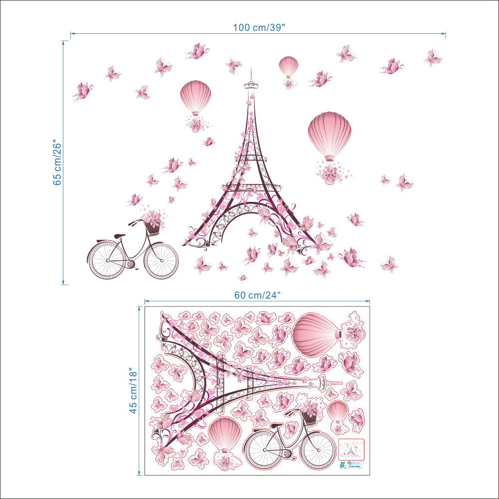 Розовый цветок велосипед Парижская башня наклейки на стену Виниловая Наклейка Фреска Искусство бабочки романтическая Эйфелева башня DIY Свадебный декор для спальни