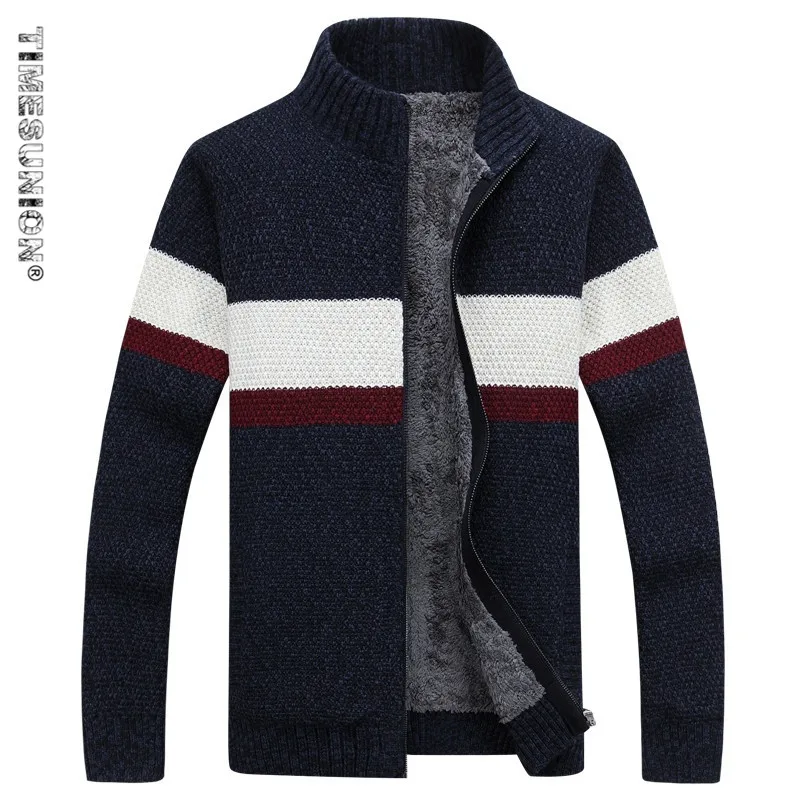 SAMHIBUGLE брендовая одежда зимний свитер мужской полосатый хлопковый Кардиган со стоячим воротником мужская утепленная шерстяная подкладка пальто XXXL - Цвет: Синий