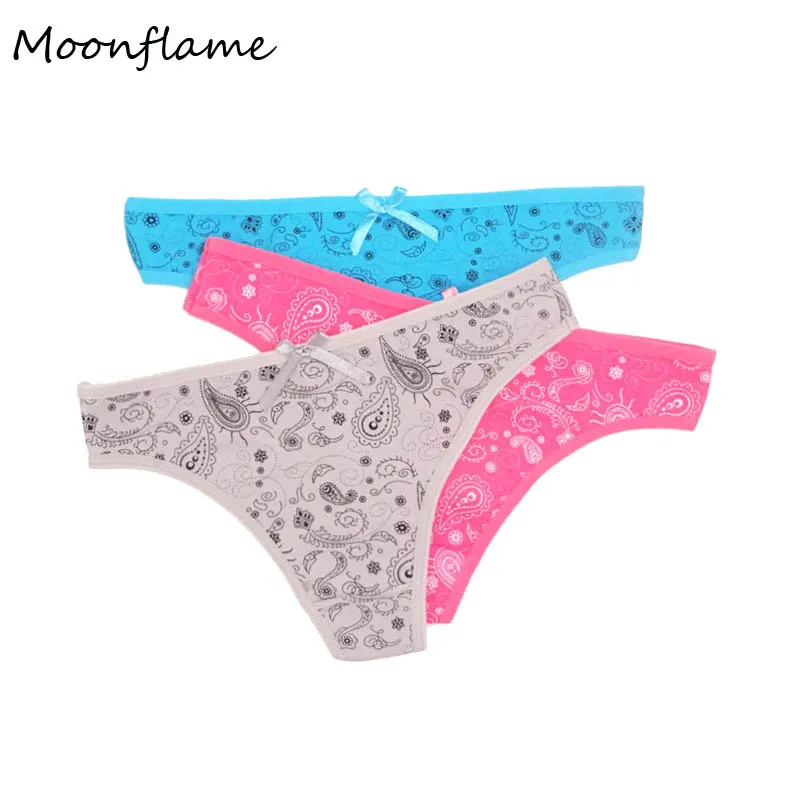 

Moonflme 3 pcs/lots Ladies Underwear Women Cotton Print Sexy Thong M L XL 87339