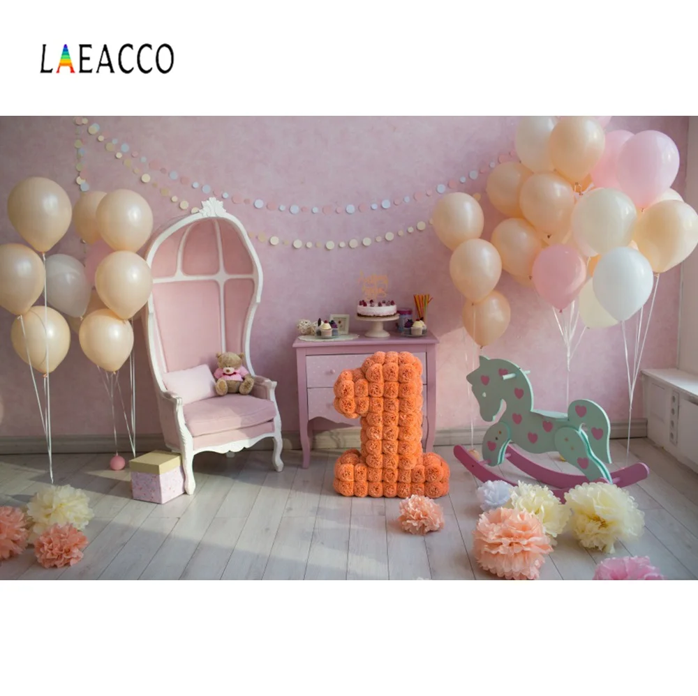 Pink Balloons Happy Baby 1st Birthday Party Carousel Wooden Floor Toys Photographic Backgrounds Photocall Photo Backdrops | Электроника