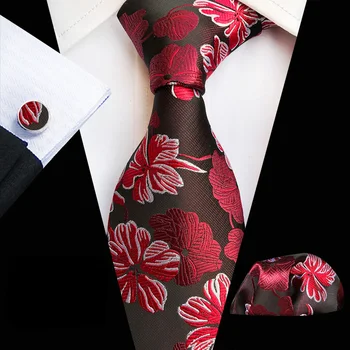 

3 Pcs/Set 3.15" Men's Formal Ties Set Red Luxury Floral Cravat with Pocket Square Cufflink