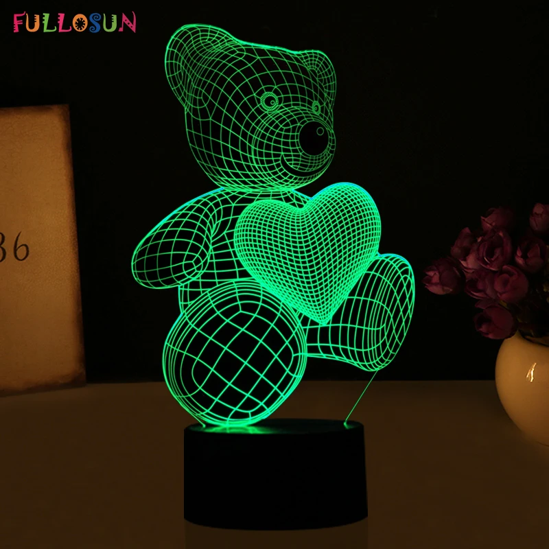 Мультфильм милый, с рисунком Мишки и сердца, Форма светодиодный светильник 3D детский ночной Светильник