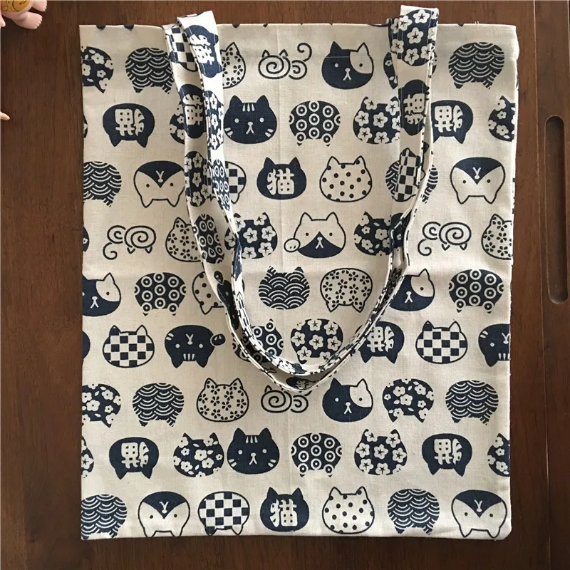 

YILE Cotton Linen Eco Shopping Tote Shoulder Bag Print Blue Cat Head 605-1