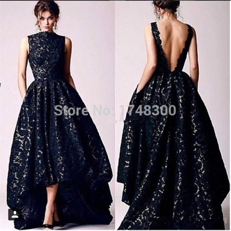 Arabic Hi Lo Black Lace Evening Dresses Vintage 2016 Sexy Backless
