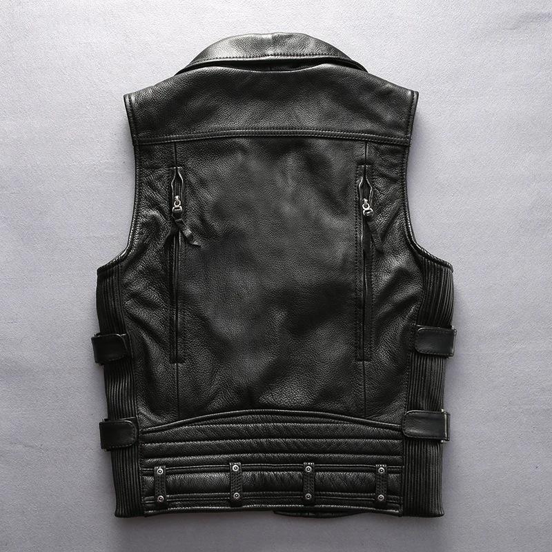 Popular For cool Harley rider Mens cow leather vest turn-down collar zipper slim short genuine cowhide leather motorcycle rider vest