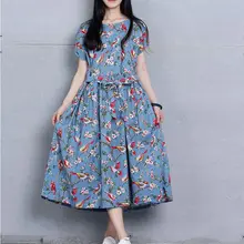 Осенняя модная женская одежда, повседневное свободное платье размера плюс, тонкое синее льняное платье с принтом и коротким рукавом, винтажные женские платья
