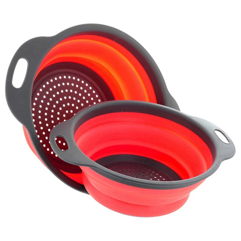 

2 Pcs/Set Collapsible Foldable Silicone Colander Fruit Vegetable Washing Basket Strainer Collapsible Drainer With Handle Kitchen