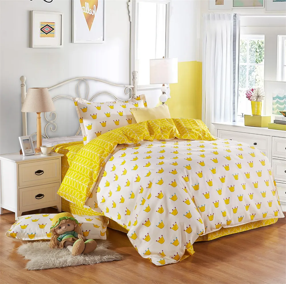 

Luxury 100%cotton bedding sets An crown printing yellow duvet cover sheet pillowcase 3pcs cartoon style kids/teen bed bedclothes