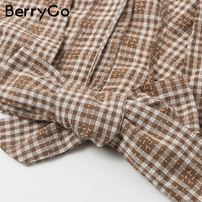 BerryGo Vintage plaid women blouse shirt Sexy backless lace up female top shirt Autumn puff sleeve oversize ladies blouses retro