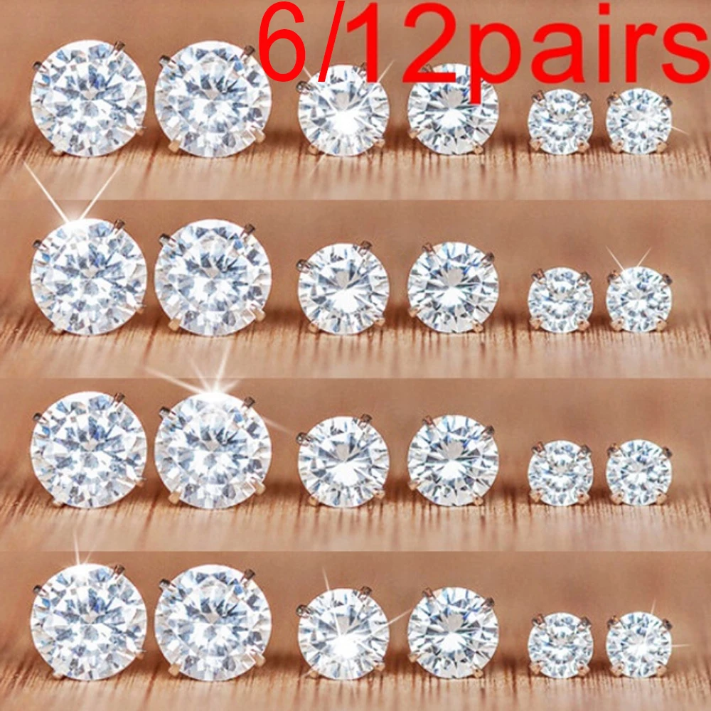 

6/12 Pairs Simple Exquisite Geometric Crystal Elegant Wedding Stud Earrings Set Women Alloy Round Zircon Earring Sets Jewelry