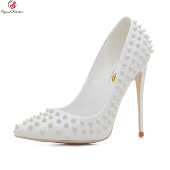 

Original Intention New Stylish Women Pumps Nice Rivets Pointed Toe Thin High Heels Pumps White Shoes Woman Plus US Size 3-10.5