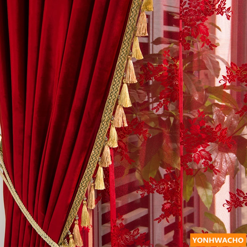 Пользовательские шторы простой современный праздничный свадебный номер Сплошной Красный бархат плотная ткань плотные шторы тюль шторы N925