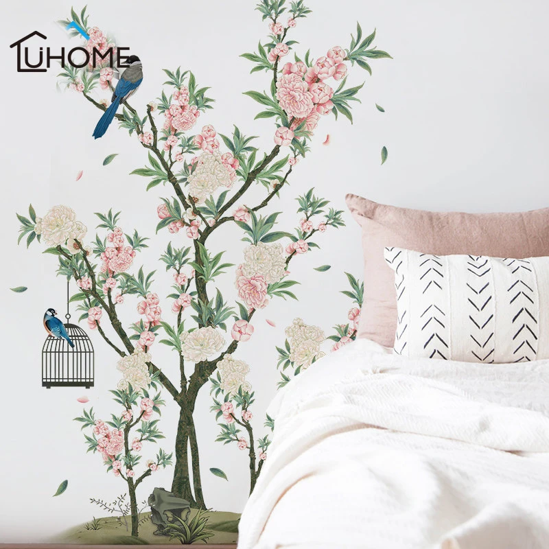 Günstig Charming Romantische Apricot Blume Wand Aufkleber für Wohnzimmer Apricot Baum Vögel Wand Aufkleber Schlafzimmer Sofa Dekoration Wand Kunst