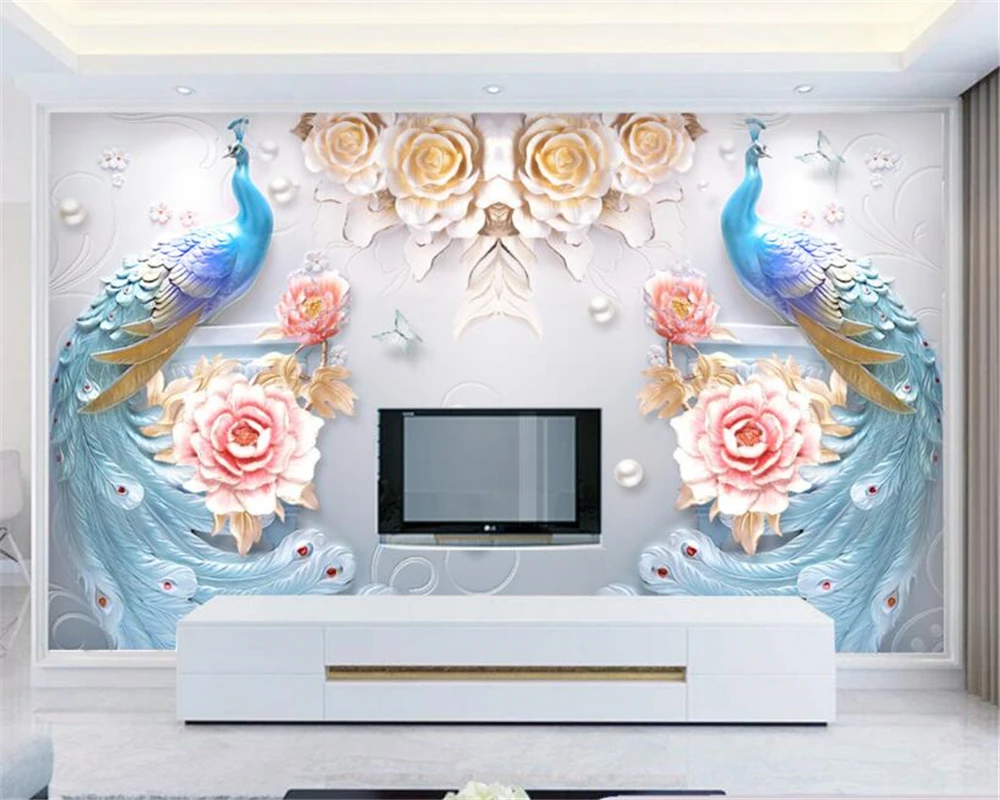 beibehang Fashion wallpaper embossed three-dimensional flowers rich modern minimalist peacock wall decorative painting behang beibehang custom size 3d three dimensional embossed magnolia european retro tv background wall painting wallpaper behang