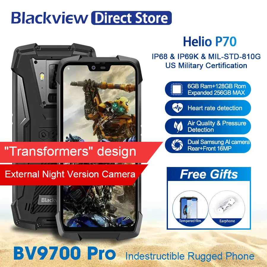 

Blackview BV9700 Pro IP69 Waterproof Mobile Phone Helio P70 6GB+128GB 4380mAh Android 9.0 Night Vision Dual Camera Smartphone