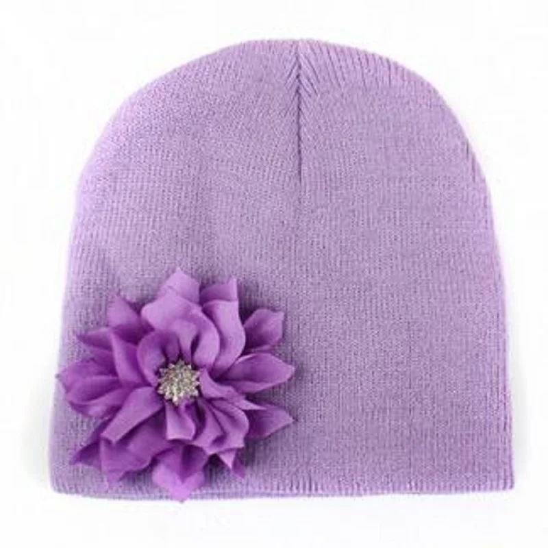 Шапка для маленьких девочек с бриллиантовым цветком; вязаная шапка для малышей; сезон осень-зима; детская шапка с ушками для маленьких девочек; Детские шапки; шапка s - Цвет: Фиолетовый