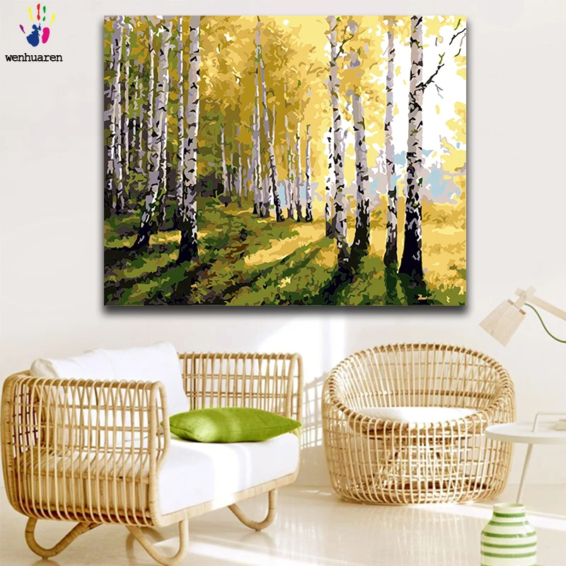 

DIY colorings pictures by numbers with colors Birch forest impression Woods landscape picture drawing painting by numbers framed