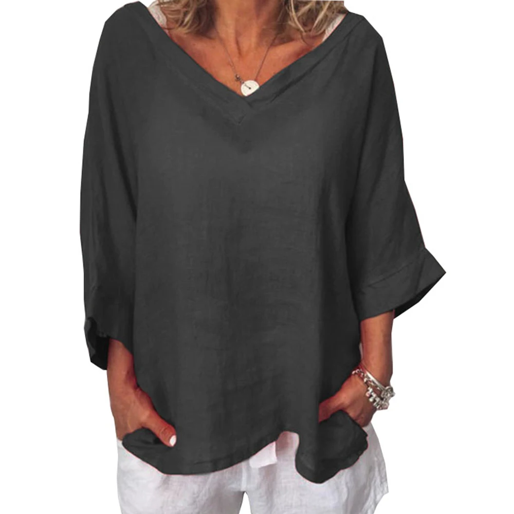 

Plus Size Women's Blouse Summer Top Casual V-Neck Three Quarter Women Tunic Solid Patchwork Women Blouses Loose Shirt 5XL