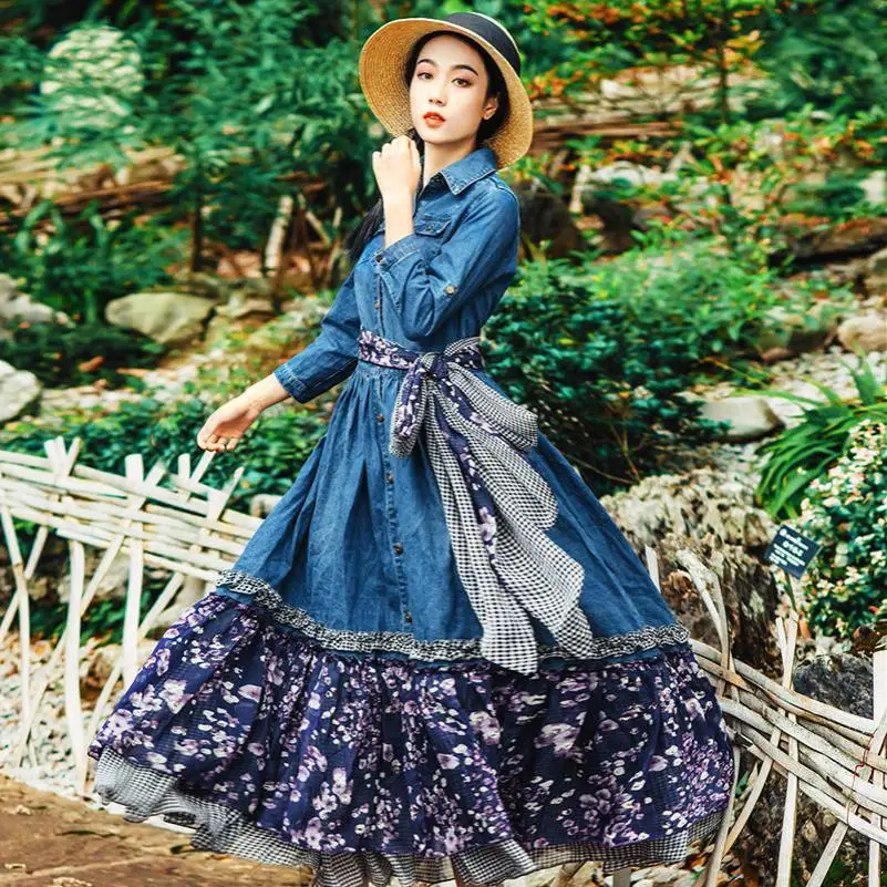 Linea Nuove Blu Lunghi Lolita Autunno Una Retro Dell'annata Cascading Vestiti Donne Vestito Di Stampa Donna Floreale Cuciture Denim Stile Increspato w8rqUw