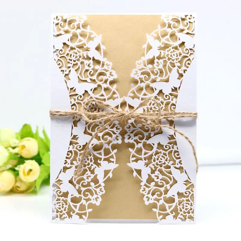  10pcs/set Laser Cut Hollow Wedding invitations Cards Lace Hemp Rope Invite Envelopes Kits For Engag - 33046230037