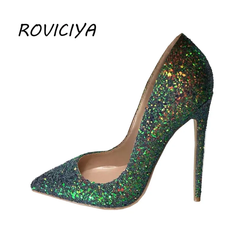 Green Glitter bling bling wedding shoes 12 cm high heel pumps sexy stiletto heels party shoes for women LF004 ROVICIYA Green Glitter bling bling wedding shoes 12 cm high heel pumps sexy stiletto heels party shoes for women LF004 ROVICIYA