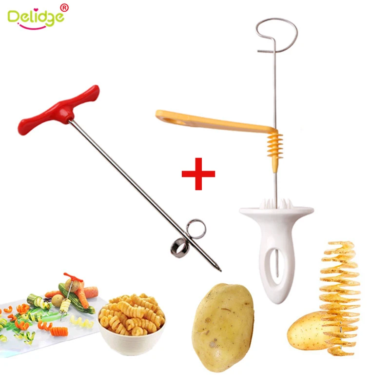 

Delidge 2pcs/set 1pc 3 String Rotate Potato Slicer+1pc Manual Spiral Screw Slicer Stainless Steel+Plastic DIY BBQ Potato Tools
