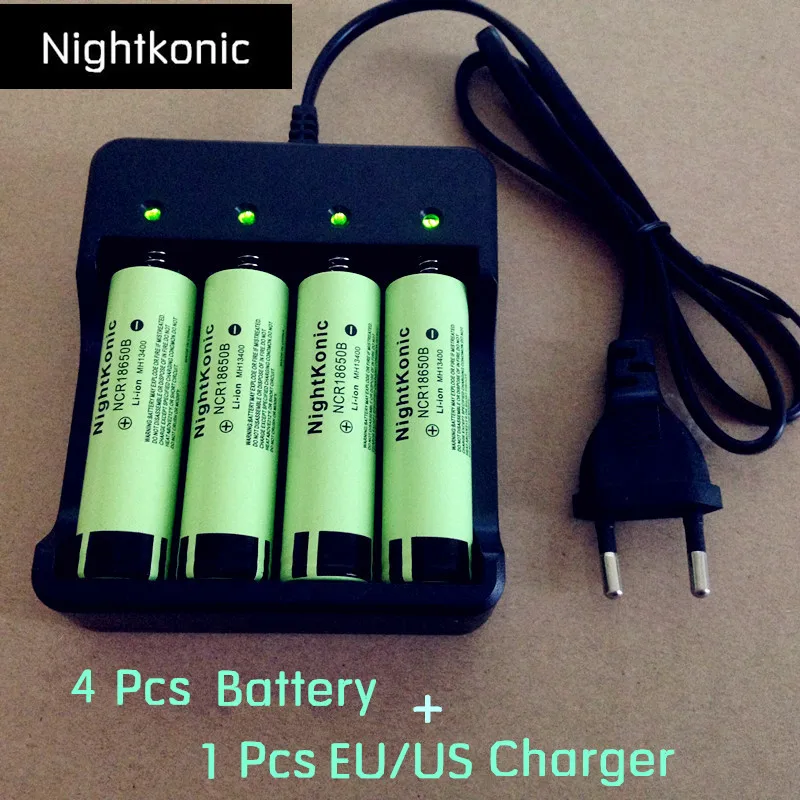 

Nightkonic 4 PCS18650 battery + 1 PCS (EU/US) 4 slot Charger Original 3.7V Li-ion Rechargeable Battery 18650B