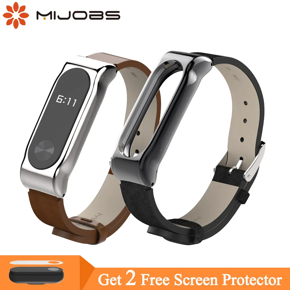  Mijobs PU Leather Strap for Xiaomi Mi Band 2 Metal Frame MiBand 2 Smart Bracelet PU Plus Leather St - 32991381077