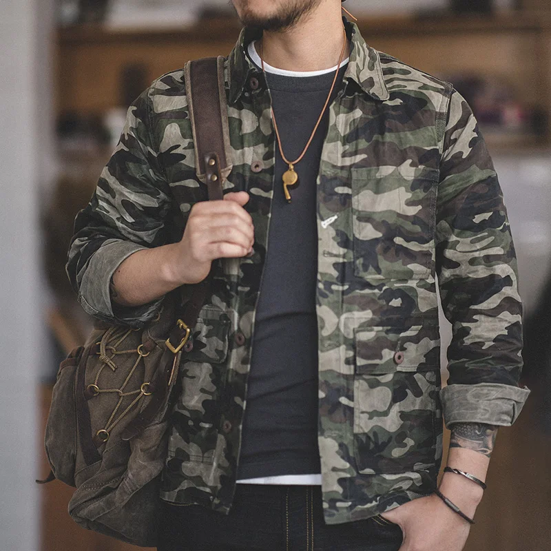  MADEN Men's Camo Waxed Canvas Cotton Military Jacket Work Trucker Jacket