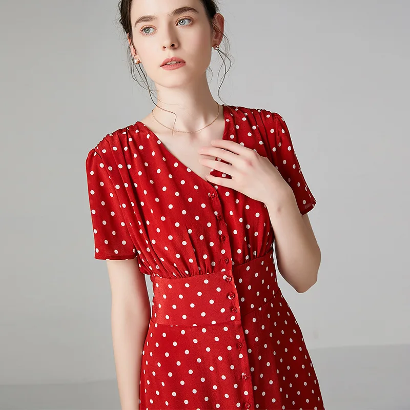

PIXY Red 100% Silk Dress Women Summer Midi Polka Dot Dresses Tunic Short Sleeve A Line sukienki Vintage Luxury Shirt vestidos