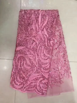 

pink African lace fabric with sequins 5 Yards 2018 latest sequin fabric high quality tulle sequins lace fabric for dresses YYZ90