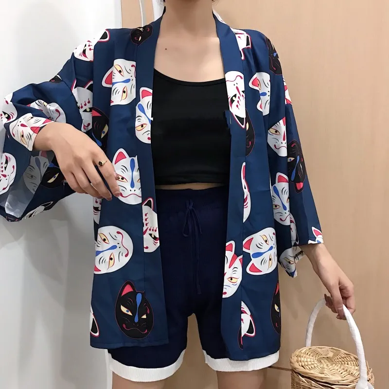 Harajuku Kimono Japanese Cats Printing Loose Casual Cardigan Sun Protect Blouse 2019 New Fashion Women Outwear