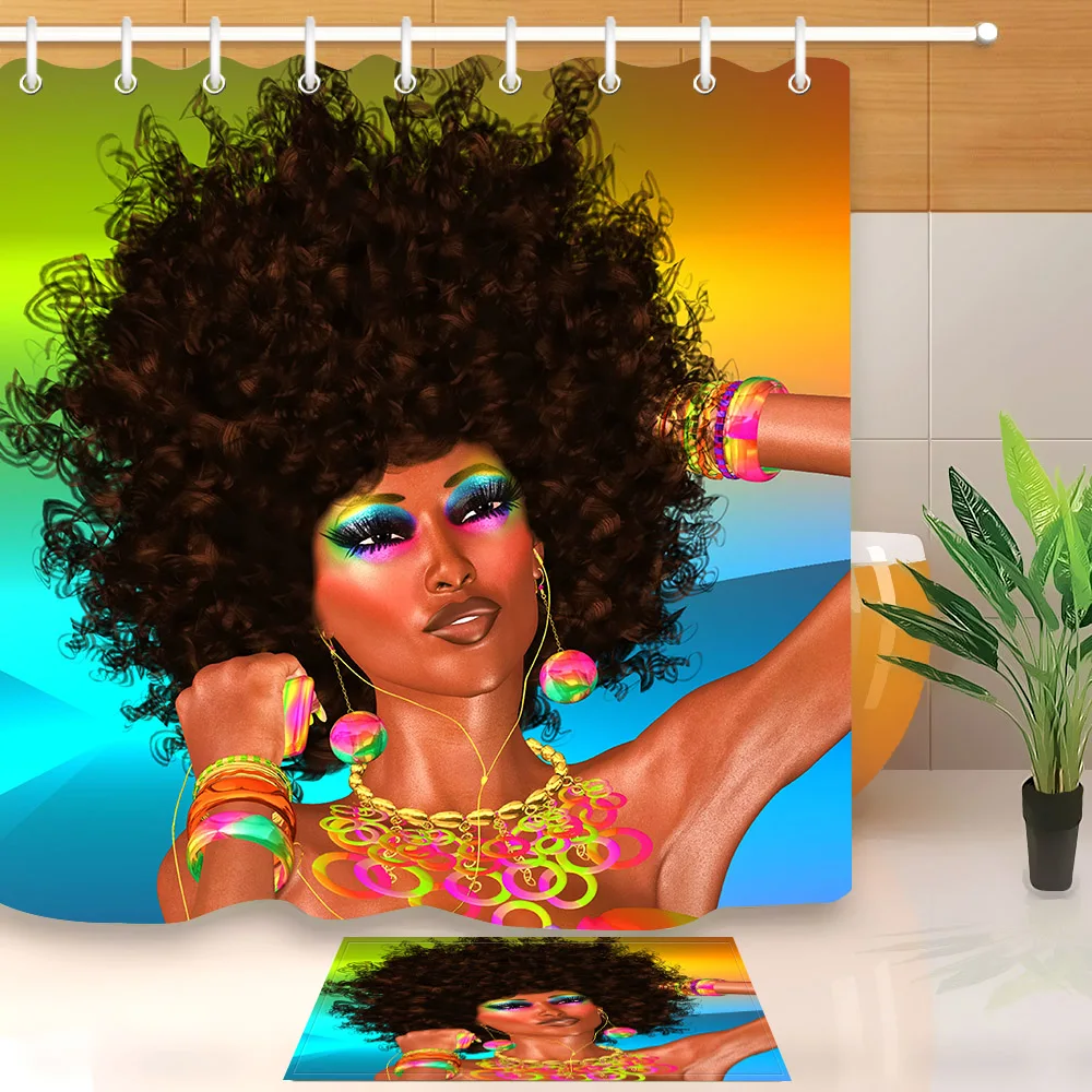 

LB Shower Curtains And Bath Mat Set Extra Long Bathroom Waterproof Afro Girl African American Polyester Fabric For Bathtub Decor