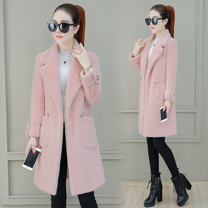 

Autumn And Winter Imitation mink cashmere Fur Coat 2019 Fashion Long Woolen Coat Female Lapel Thick Outwear Warm Female Overcoat